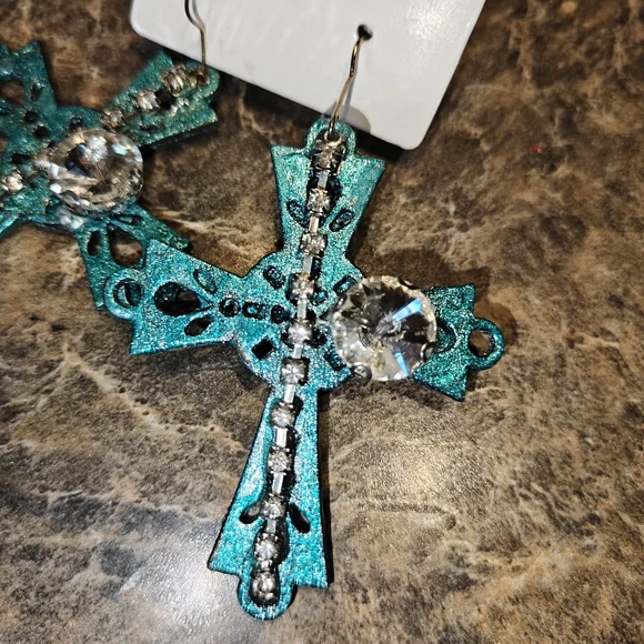 Handmade Teal Cross Earrings with Rhinestones - Picture 2 of 4